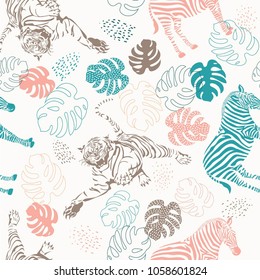 seamless zebra pattern, tiger and monster leaves ,graphic tropical pattern on clothes
