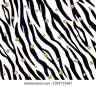 Seamless zebra print pattern with gold glitter ornament, vector design for fashion and fabric prints, backdrop, wallpaper and cover designs, gold sequins