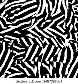 Seamless zebra skin pattern with abstract brush, hand-drawn line background elements in black and white