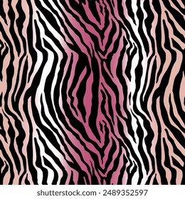 Seamless zebra skin pattern with abstract animal skin background elements in pink, brown, black and white