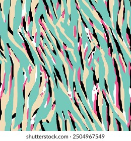 Seamless zebra skin pattern with abstract hand drawn art animal tiger skin background elements in green, brown, pink and black colors