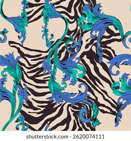 Seamless zebra skin pattern with abstract hand drawn and art wild leopard animal tiger skin and baroque motif background elements isolated in turquoise and blue colors