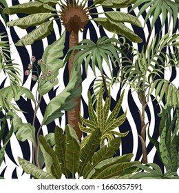 Motivo de piel de cebra sin focas con hojas tropicales. Vector.