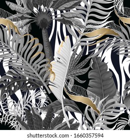 Seamless zebra skin pattern with tropical leaves. Vector.