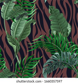 Seamless zebra skin pattern with tropical leaves. Vector.