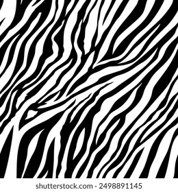 Seamless zebra stripe pattern in black and white. Abstract organic animal print background ideal for textile fabric, fashion, wrapping paper, wallpaper, packaging, branding, and surface design.