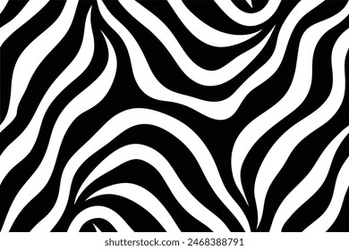 A seamless zebra stripe pattern with a twisting flow in black and white. Modern and bold vector design ideal for textile, packaging, fashion, and animal-themed projects.