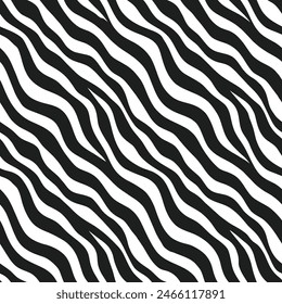 Seamless zebra stripe pattern with wavy horizontal lines. Modern abstract black and white vector texture for fabric, fashion, and graphic design.