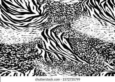 Seamless zebra and tiger fur pattern texture vector. Black and white design for fabric print. 