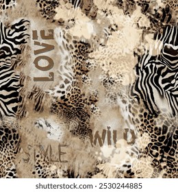 Seamless zebra, tiger leopard skin pattern with brown and black color hand drawn art abstract text and handwritten background elements