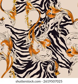 Zebra sem costura, padrão de pele de leopardo tigre, imagem desenhada à mão de cor preta e laranja, texto abstrato e elementos de fundo manuscritos adequados para têxteis