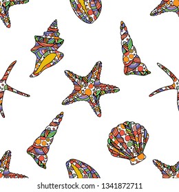 seamless zen art style pattern with starfish and conch shells on white background. stock vector illustration.