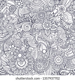 Seamless zendoodle pattern in adult colouring book style