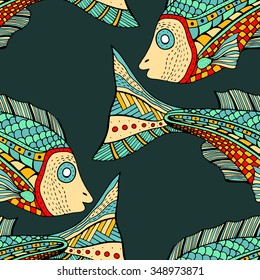 Seamless Zentangle fish background. Vector illustration image