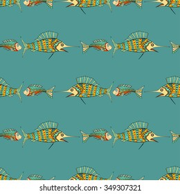 Seamless Zentangle fish background. Vector illustration image