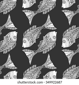 Seamless Zentangle fish background. Vector illustration image