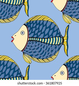 Seamless Zentangle fish background. Vector illustration image