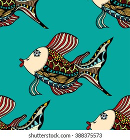 Seamless Zentangle fish background. Vector illustration image