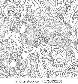 Seamless Zentangle Pattern Of Abstract Leaves And Plants 