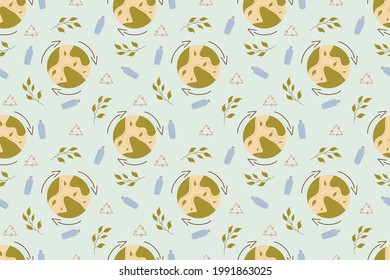 Seamless zero waste pattern. A green planet, a plastic bottle and a recycling sign on a blue background. Vector pattern in a flat style.