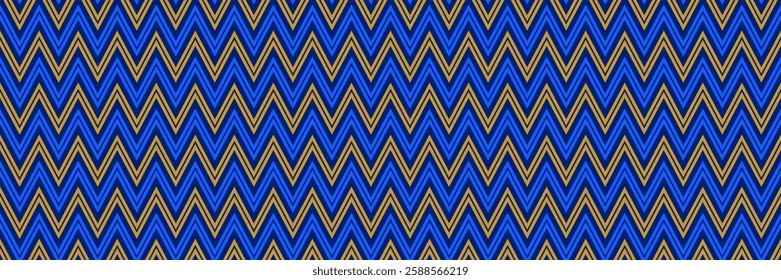 Seamless zig zag chevron pattern. Blue and gold geometric background for design textile, fabric swatch, scarf cloth, print template. Navy color repeating wallpaper. Vector masculine backdrop