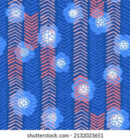 Seamless zig zag lines overlaid by simple flat flower buds pattern. Abstract chevron ornament mixed with florals. Linear geometric botanical fashion print. Funky grid ethnic hipster textured swatch.