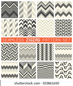 Seamless Zig Zag Pattern Set. Chevron Graphic Print Design. Abstract Zigzag Background. Wrapping Texture Collection. Vector Herringbone Ornament