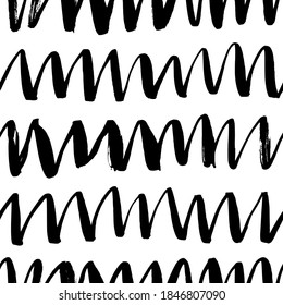 Seamless zig zag vector pattern. Abstract monochrome geometric brush strokes. Black and white hand painted ink illustration. Freehand horizontal zigzag stripes print. Simple classic geometric ornament