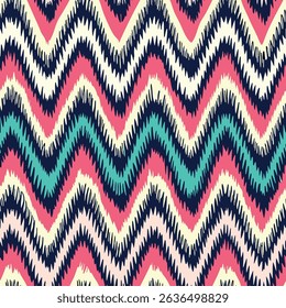 Seamless zigzag ikat pattern with pink, green, black and white colored hand drawn art abstract brush drawing and ethnic background elements