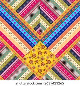Seamless zigzag patchwork pattern of multicolored stripes with floral and abstract ornament. Beautiful print for fabric in folk style.