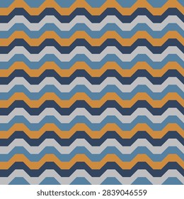 Seamless zigzag pattern created from overlapping grey, blue, gold and navy blue trapezoids