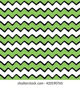 Seamless zigzag pattern. Green flash, white and black color. Vector illustration
