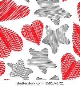 Seamless zigzag pattern of hearts and stars. Red hearts and black stars on a white background.