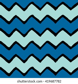 Seamless zigzag pattern. Snorkel blue, limpet shell and black color. Vector illustration