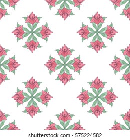 Seamless zigzag pattern of spring Lilly flowers. Floral print in pastel pink and green colors. Vector Illustration.