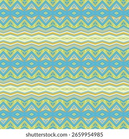 Seamless zigzag and triangle pattern in cool blue and yellow tones, perfect for retro or cultural design elements. 