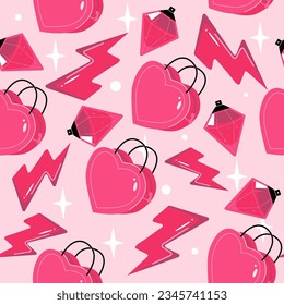 Seamless zipper pattern and heart-shaped bag. Pink Doll style. Stylish trendy pattern for printing on fabric. Seamless cute vector pattern in pink. Glamorous pink. luxury style