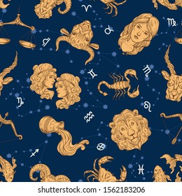 Seamless zodiac pattern. Aries, Leo and Sagittarius constellations. Cancer, Scorpio and Pisces. Taurus, Virgo and Capricorn. Gemini, Libra and Aquarius. Astronomy wallpaper vector illustration