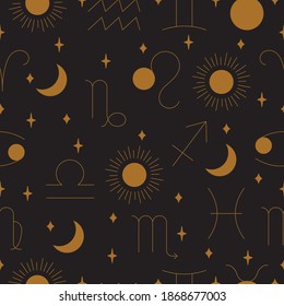 Seamless Zodiac Pattern in Gold and Black in Vector.