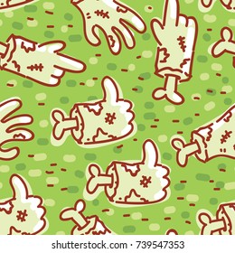 Seamless Zombie pattern with hands and bones: thumbs up, pointing finger. Vector clip art background texture for web, print, textile in hand drawn cartoon, doodle cute style on green