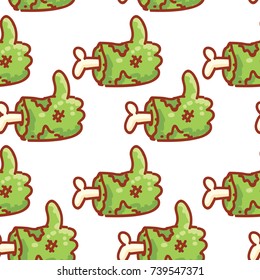 Seamless Zombie pattern with thumbs up hands with bones. Vector clip art background texture for web, print, textile in hand drawn cartoon, doodle cute style on white
