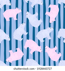 Nahtlose Tiergartenmuster mit wilden, niedlichen, zufälligen Eisbären-Ornamenten. Blauer, gestreifter Hintergrund. Doodle-Stil. Perfekt für Stoffdesign, Stoffdruck, Umhüllung, Cover. Vektorgrafik.