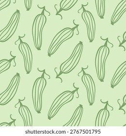 Seamless zucchini pattern in hand drawn line style on green background. Vector illustration for food packaging, kitchen design and organic branding.