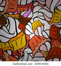 Seamless.Colorful and different cupcakes with sweet time written in the middle isolated in white, orange and black. Vector illustration.
