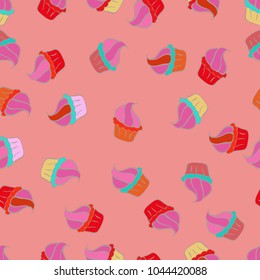 Seamless.Colorful and different cupcakes with sweet time written in the middle isolated in pink, beige and red. Vector illustration.