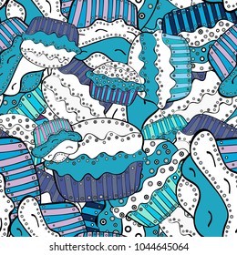 Seamless.Colorful and different cupcakes with sweet time written in the middle isolated in blue, white and black. Vector illustration.