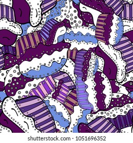 Seamless.Colorful and different cupcakes with sweet time written in the middle isolated in white, purple and black. Vector illustration.