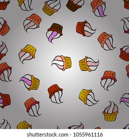 Seamless.Colorful and different cupcakes with sweet time written in the middle isolated in white, black and orange. Vector illustration.