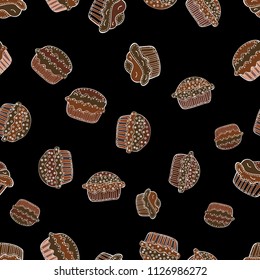 Seamless.Colorful and different cupcakes with sweet time written in the middle isolated in black, brown and white. Vector illustration.