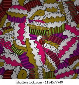 Seamless.Colorful and different cupcakes with sweet time written in the middle isolated in white, black and yellow. Vector illustration.